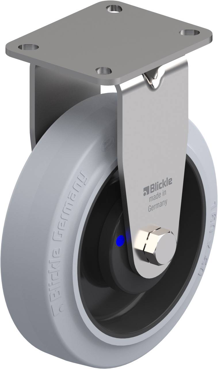 Grauer Lenkrollenrad aus Kunststoff mit Metallgehäuse, Herstellerlogo 'Blickle' und 'made in Germany' Gravur auf der Halterung.