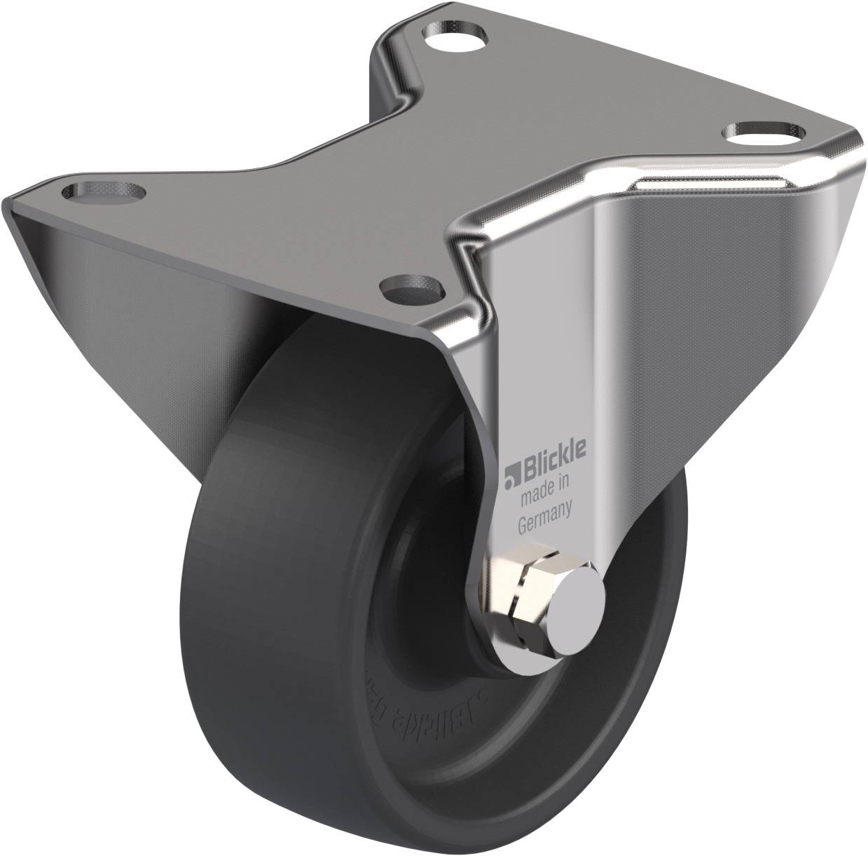 Eine graue, robuste Transportrolle mit schwarzem Rad aus Metall, markiert mit 'Blickle made in Germany', ideal für schwere Lasten.