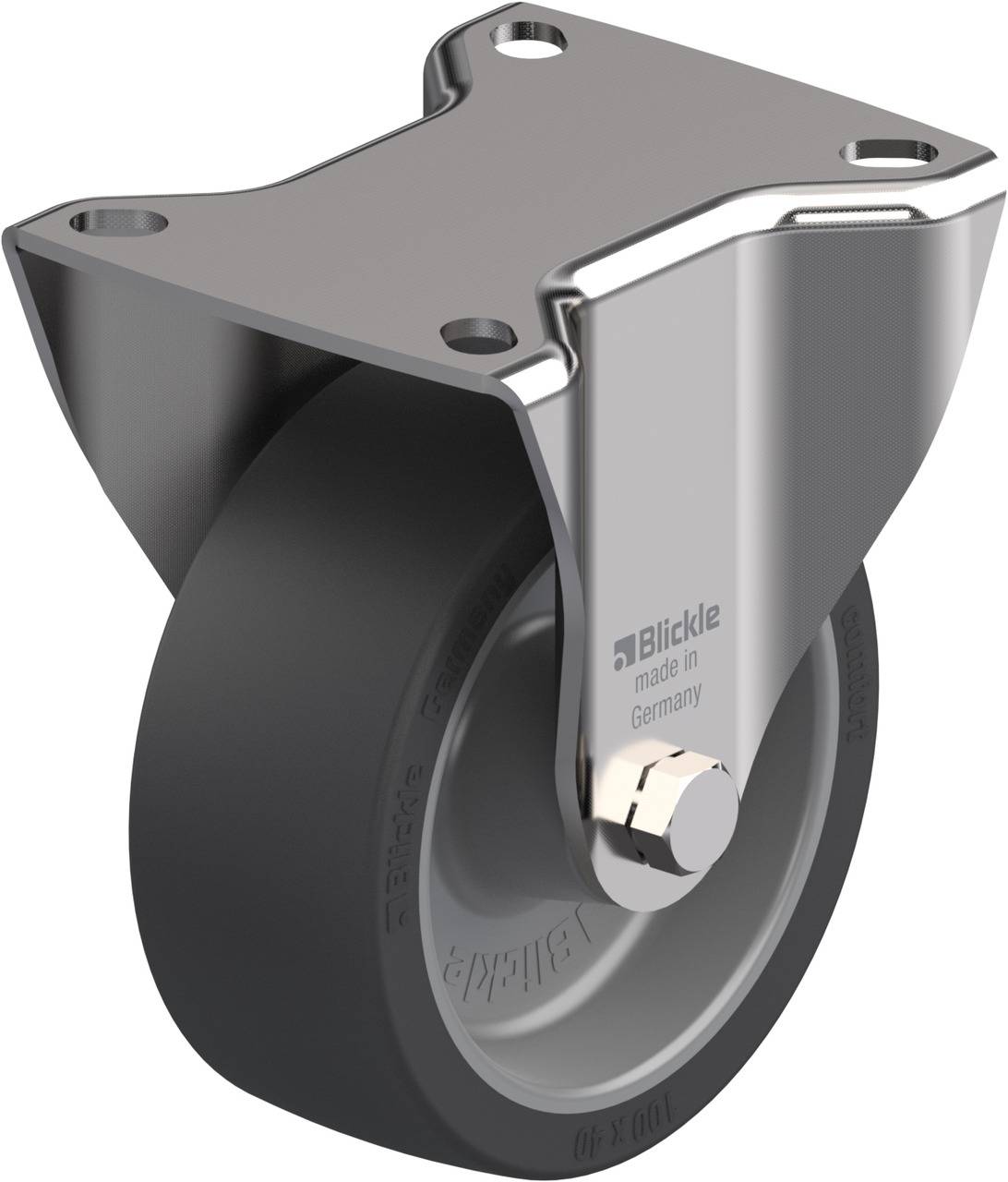 Metallrolle mit schwarzem Rad und quadratischer Montageplatte, gekennzeichnet mit 'Blickle made in Germany'.