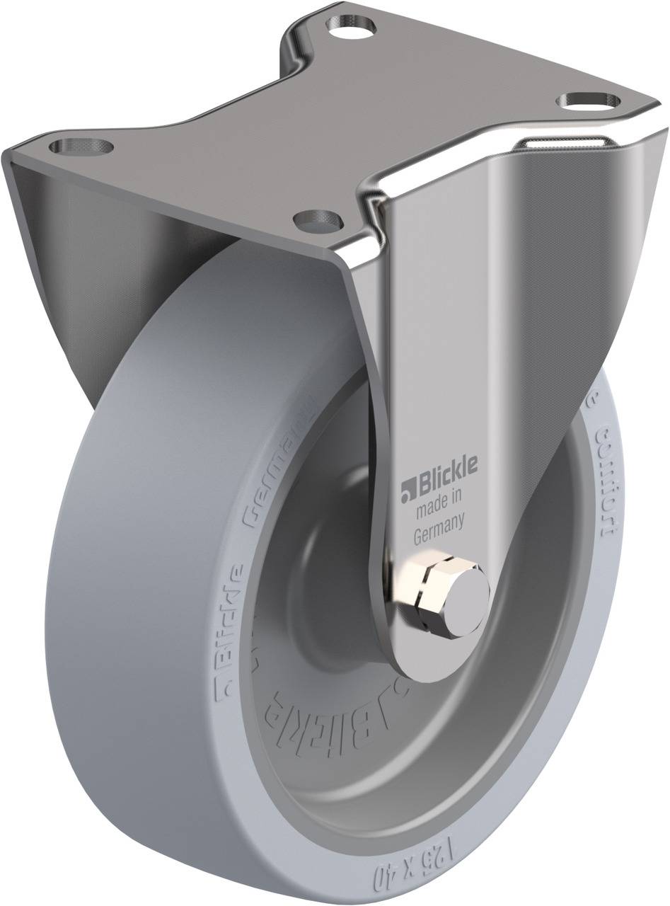 Abgebildet ist eine graue Bockrolle mit Stahlhalterung. Die Aufschrift 'Blickle, made in Germany' ist seitlich zu sehen.