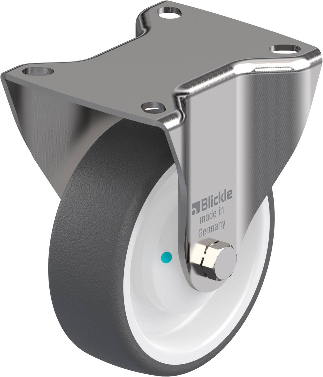 Drehbares Rad aus Metall und Kunststoff, geeignet für Möbel oder Geräte. Markiert mit 'Blickle made in Germany'.
