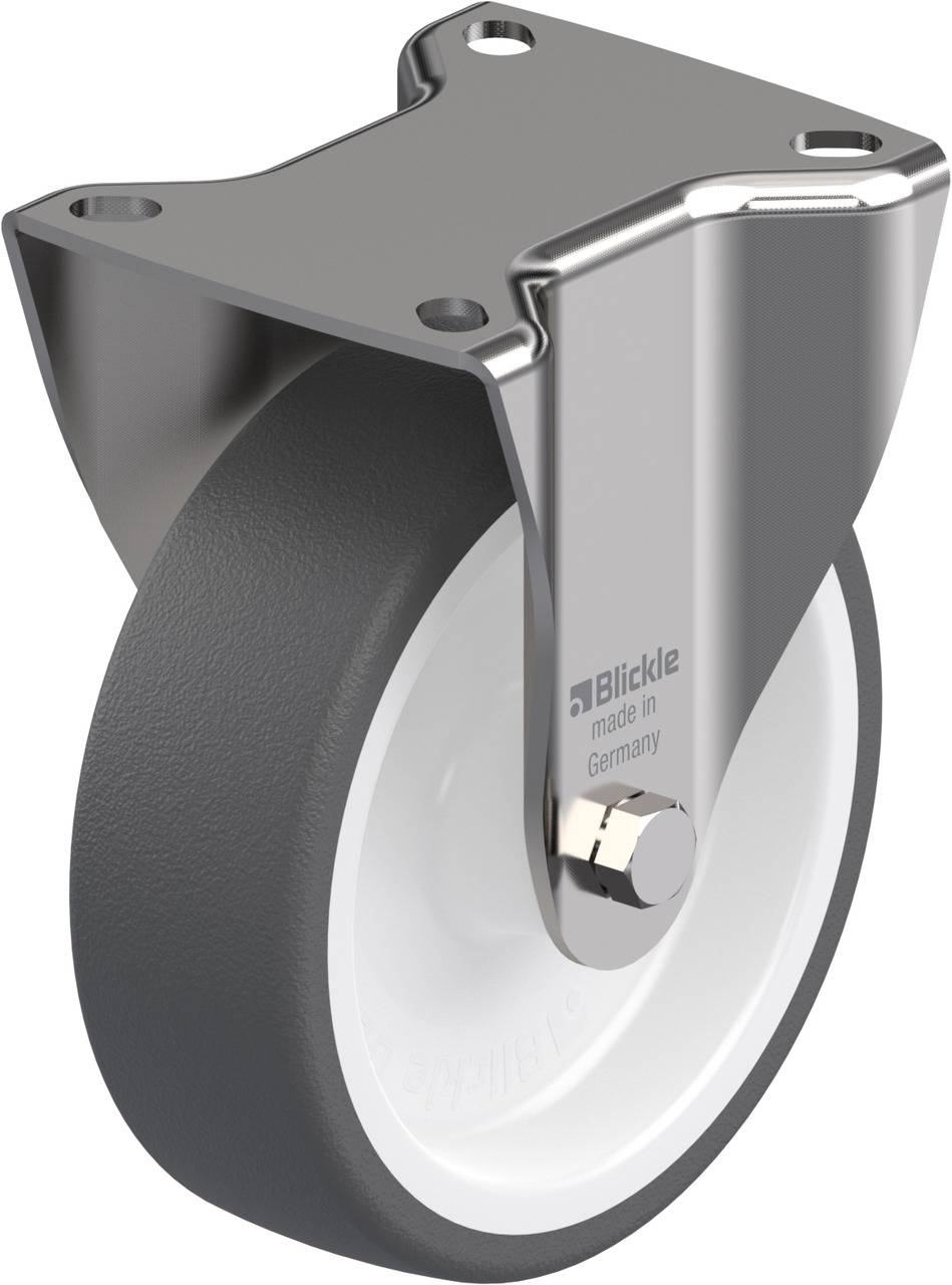 Ein graues Rad mit Metallhalterung, beschriftet mit 'Blickle made in Germany'.