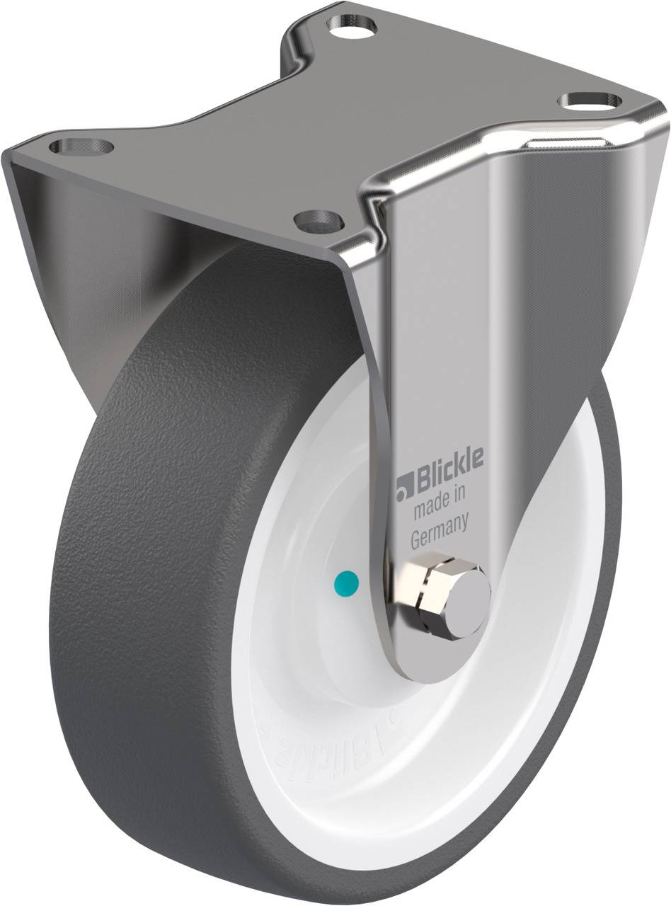 Grau-weiße Rolle mit Metallhalterung, bedruckt mit 'Blickle made in Germany'. Design für industrielle Anwendungen.