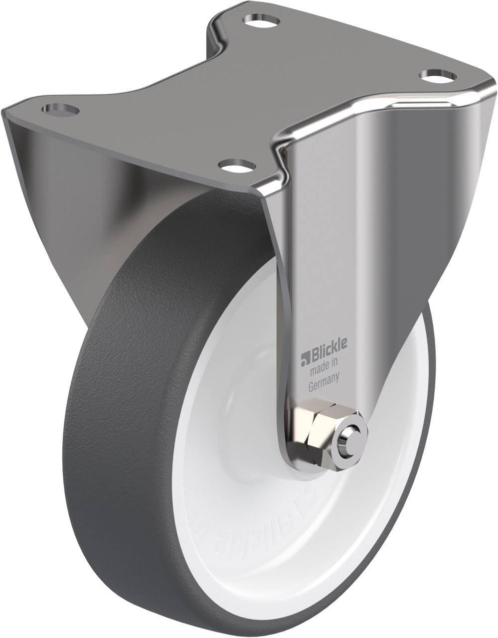 Ein Schwenkrolle mit Halterung, hergestellt von Blickle in Deutschland. Die Rolle ist aus Metall mit weißem Rad und grauer Gummilauffläche.