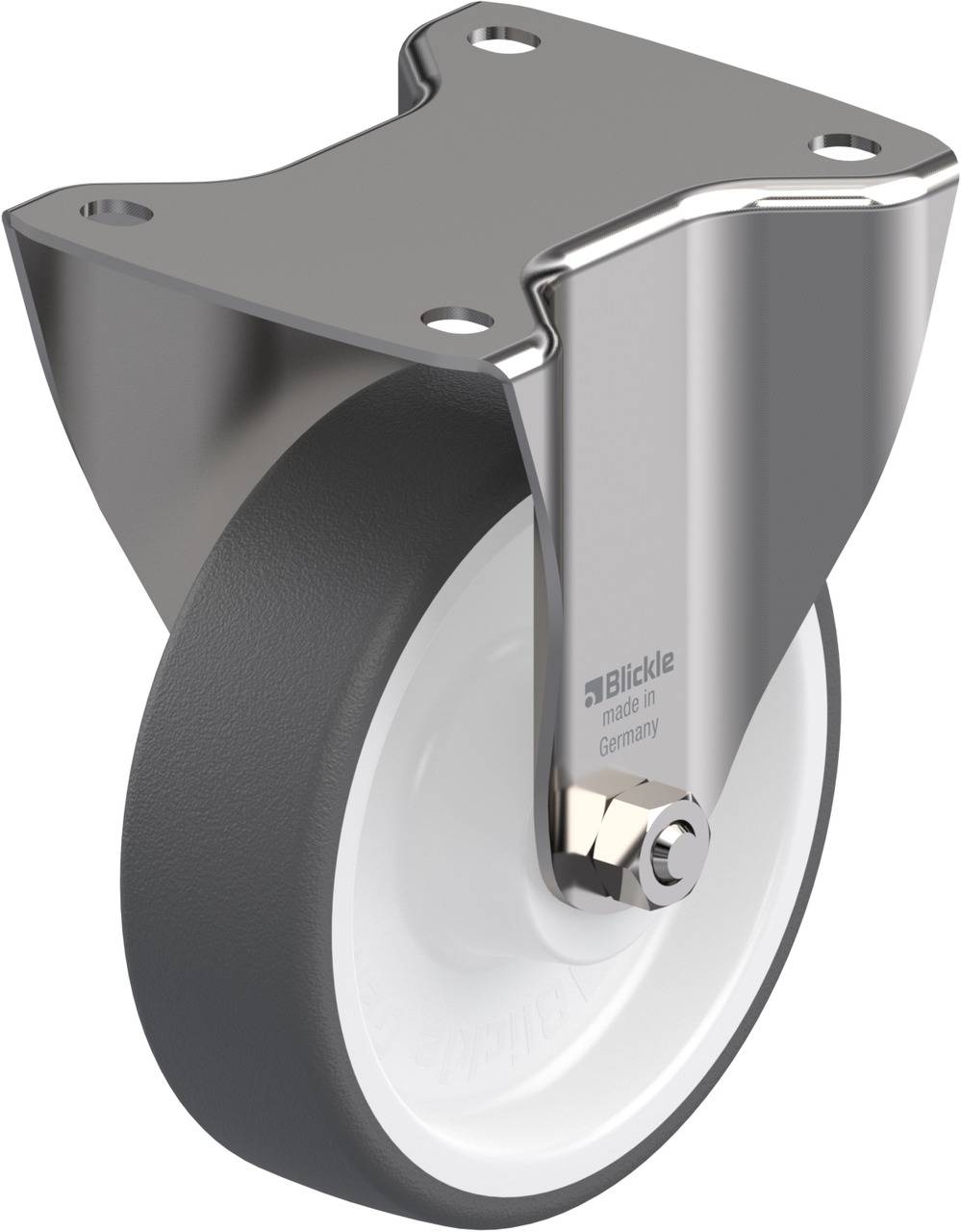 Metallenes Gehäuse mit drehbarem Rad, geeignet für Möbel oder Geräte. Rad besteht aus robustem Kunststoff mit Metalllager.