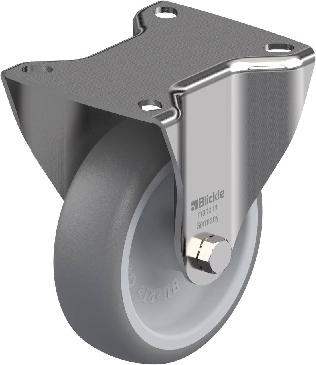 Schwenkrolle aus Metall mit grauem Kunststoffrad, Aufschrift 'Blickle made in Germany' auf dem Gehäuse. Geeignet für Transportgeräte.