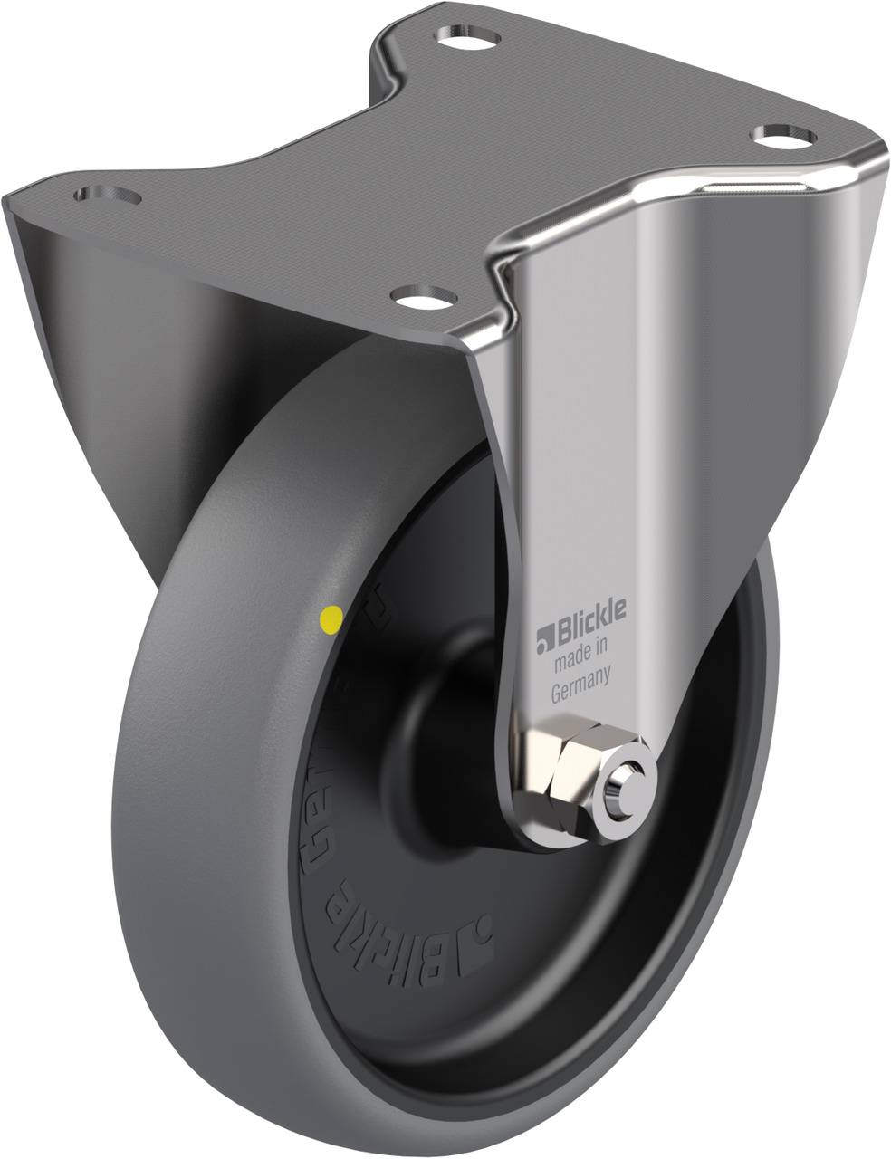 Metall-Lenkrolle mit grauem Gummirad und Halterung; Aufschrift 'Blickle'.