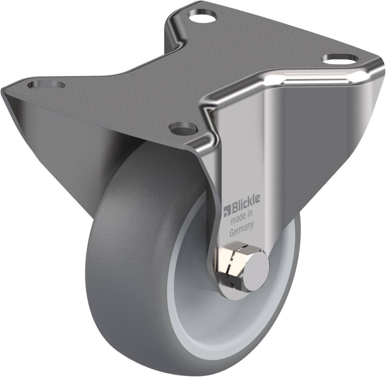 Metallrolle mit grauem Rad und Metallhalterung, Seitenansicht. Geeignet für Möbel oder Geräte, hergestellt in Deutschland.