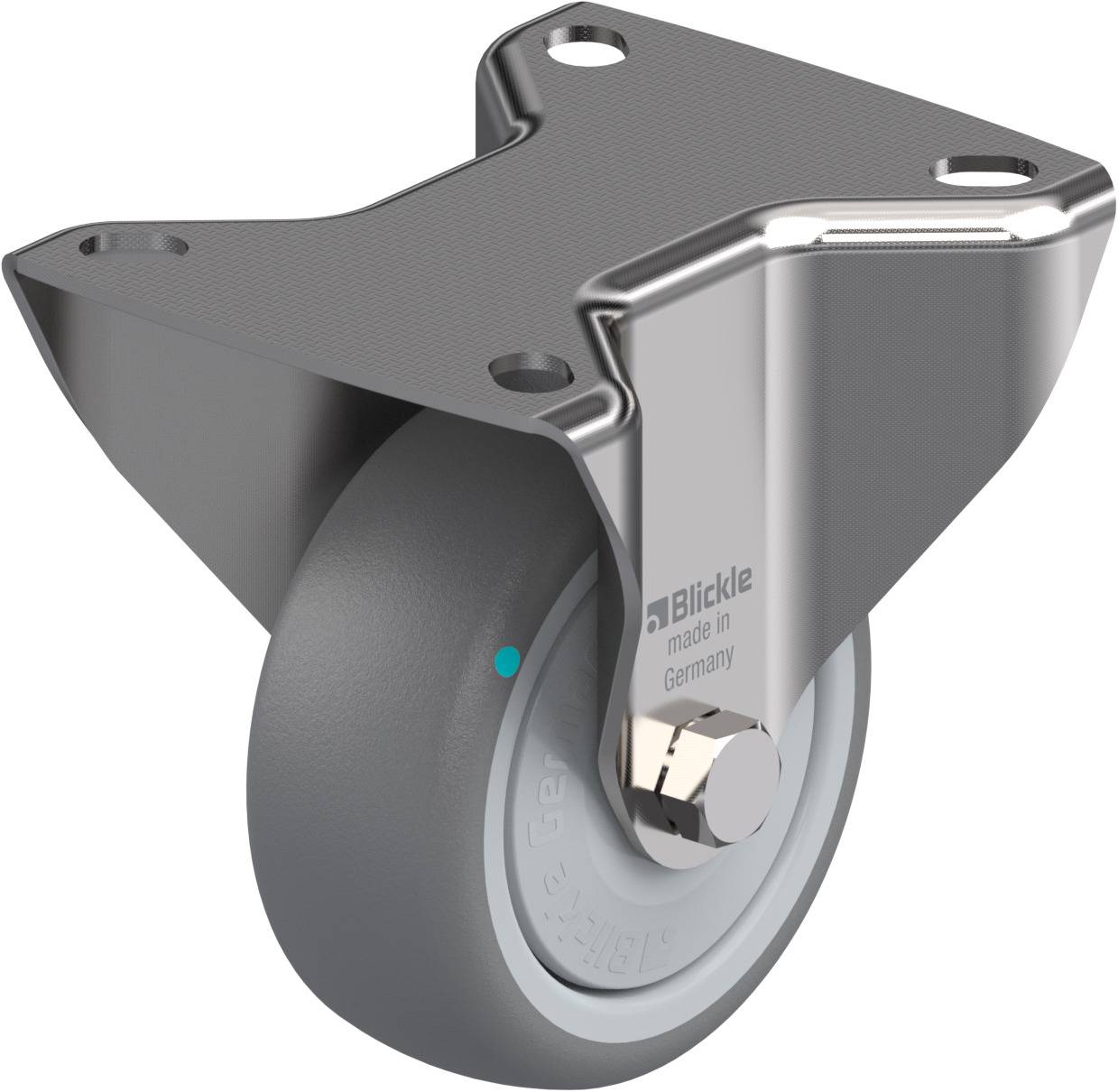 Schwerlastrolle aus Metall mit grauem Rad und Befestigungsplatte. Ideal für den Einsatz in industriellen Anwendungen. 