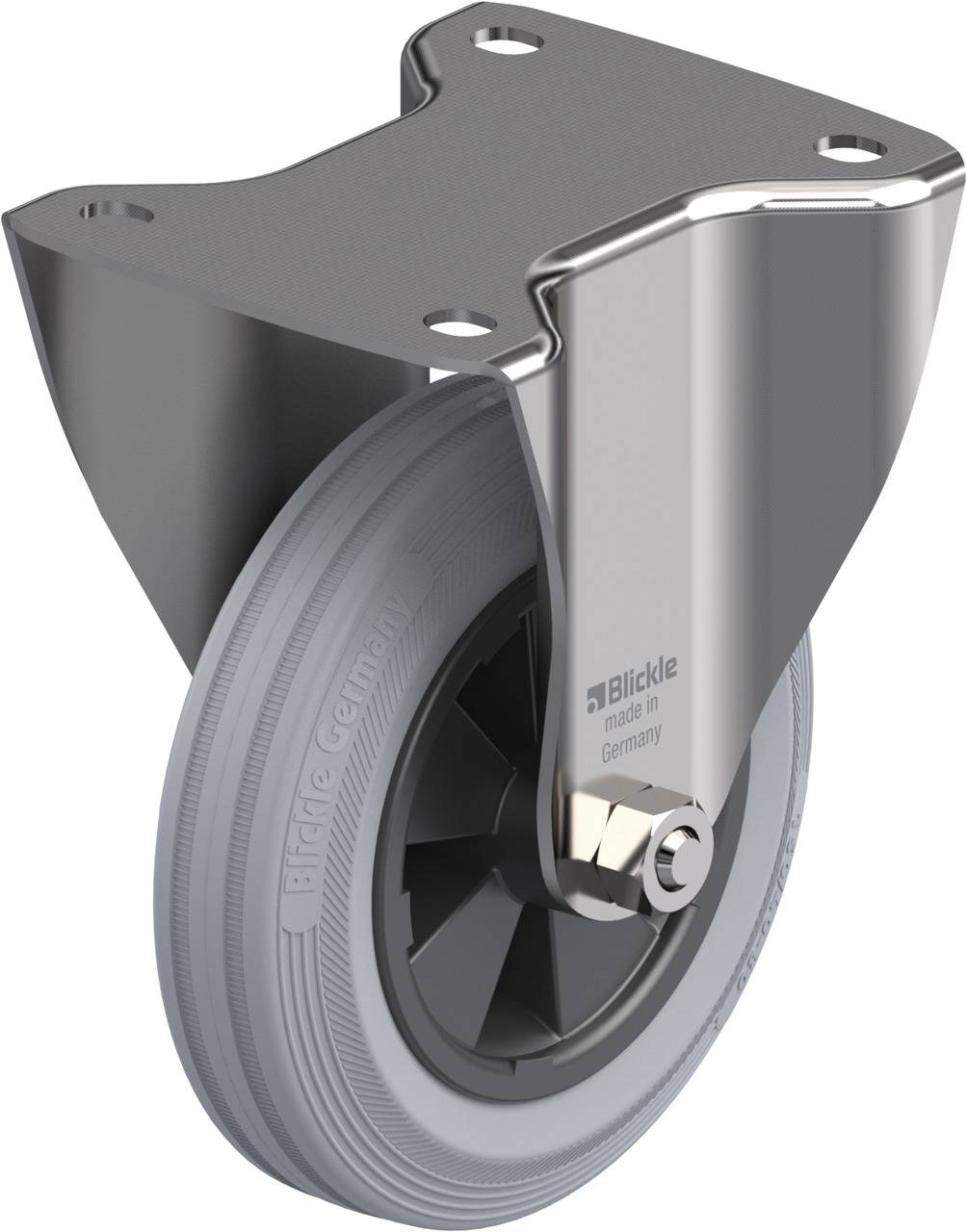 Schwenkrolle aus Metall mit grauer Gummibereifung, geeignet für Transportgeräte.