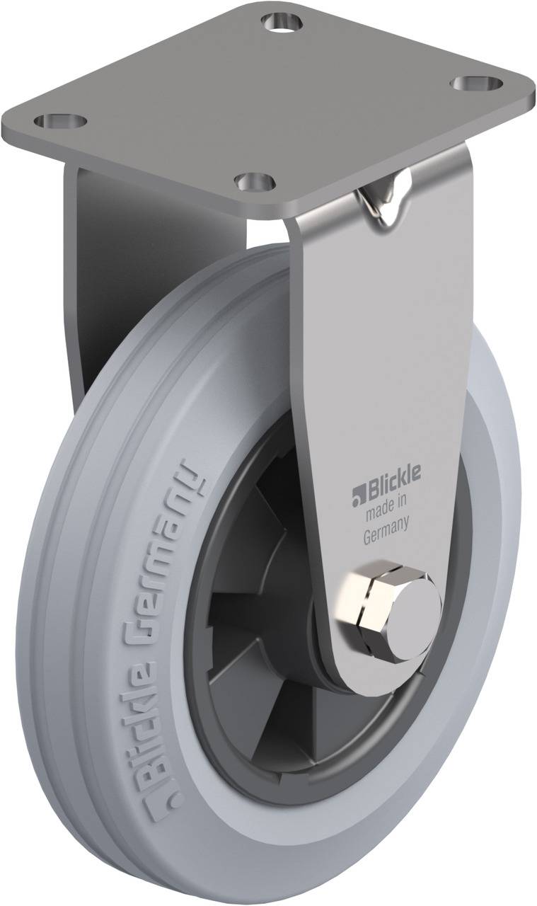 Drehbare Rolle mit grauer, gummierter Lauffläche und silbernem Metallgehäuse. Aufschrift 'Blickle made in Germany' sichtbar.