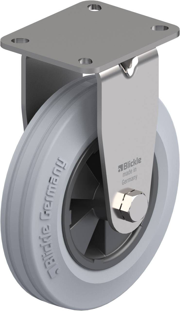 Industrie-Rolle aus Metall und Gummi von BLICKLE, 'made in Germany'. Solide Konstruktion für schwere Lasten.