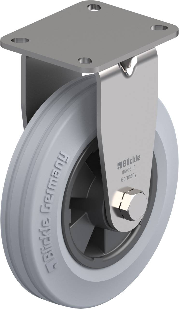 Hochwertiges Edelstahl-Lenkrad mit grauem Gummirad, Markenname seitlich eingeprägt, geeignet für reibungslose Bewegungen in Möbeln oder Geräten.