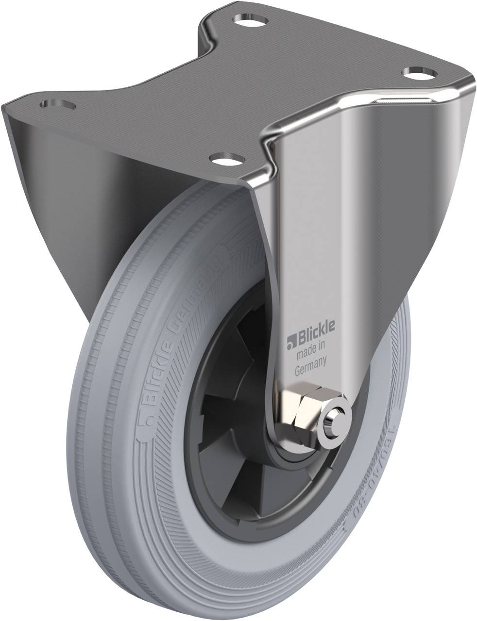 'Graues Bockrollenrad mit Metallhalterung, Aufschrift 'Blickle made in Germany'.'
