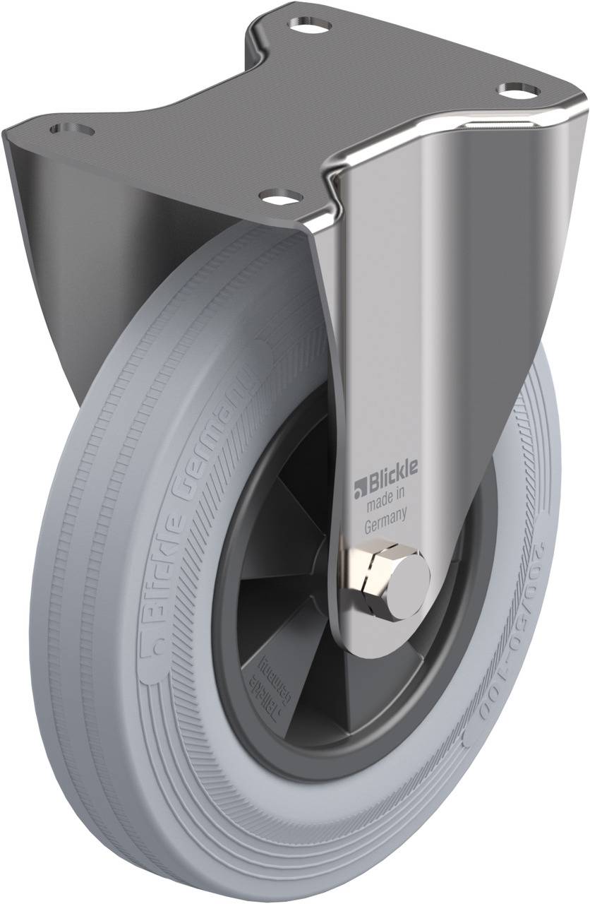 Metallrolle mit grauem Rad, hergestellt in Deutschland, Markenname auf der Seite. Verwendet für Möbel oder Transportgeräte.
