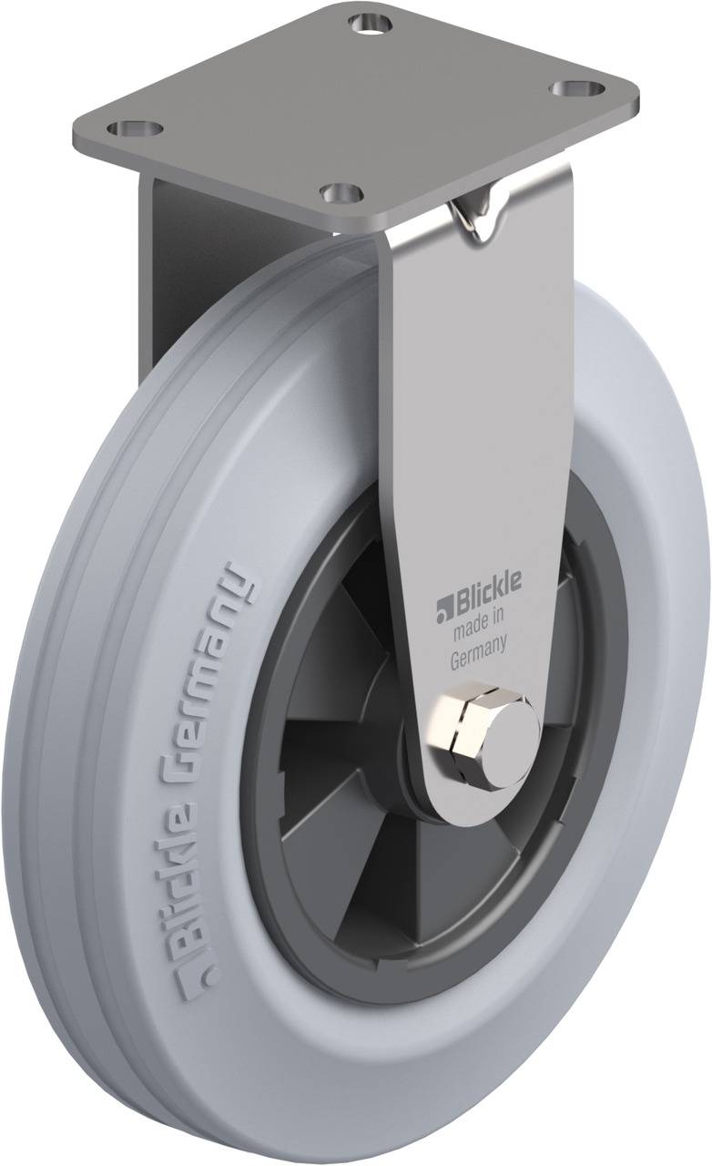Ein graues Rad mit Metallhalterung von 'Blickle Germany', montiert auf einer Platte für industrielle oder Transportanwendungen.