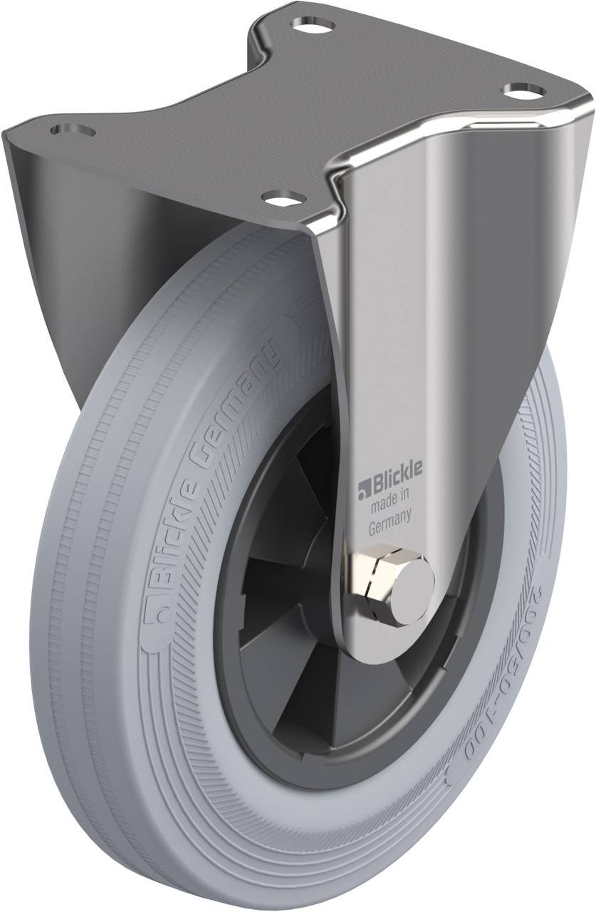 Grau-blaues Rollstuhlrad mit Metallschwenkrahmen von 'Blickle', auf dem Reifen steht 'Made in Germany'.