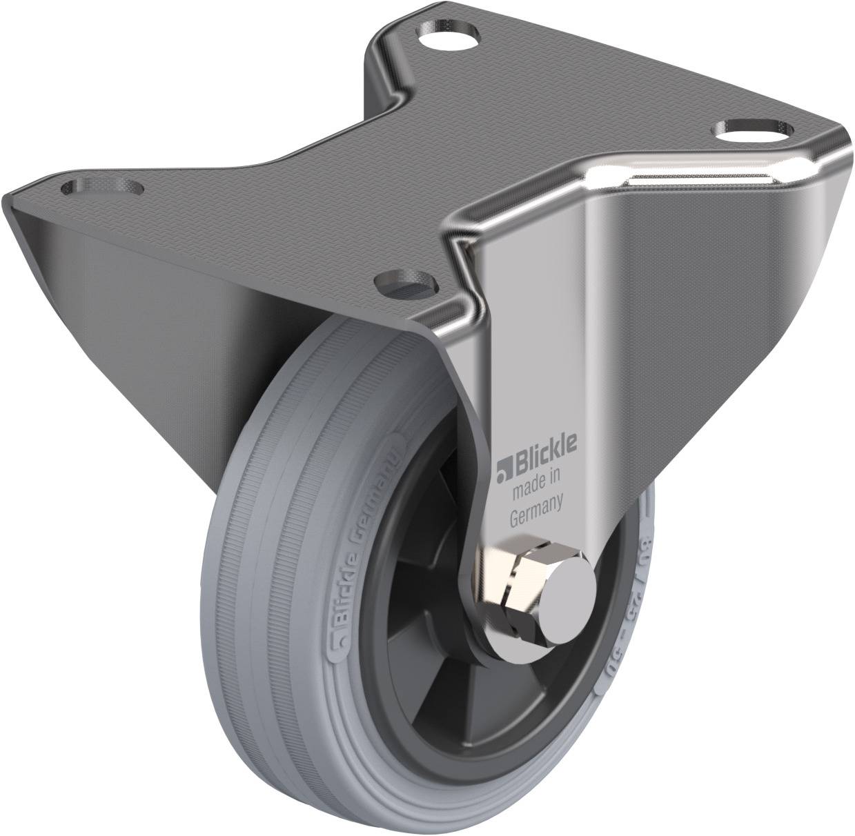 Lenkrolle aus Metall mit grauem Rad und Befestigungsplatte. Geeignet für Transport von schweren Lasten auf ebenem Untergrund.