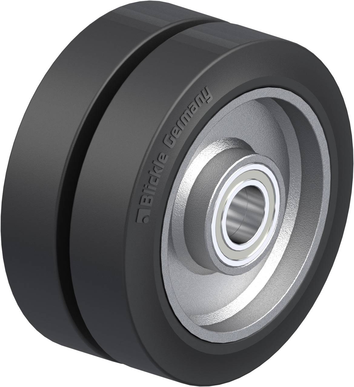 Ein graues Radlager mit einer glänzenden Metallmitte, beschriftet mit 