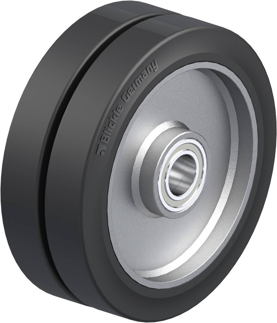 Industrie-Rad mit schwarzer Gummilauffläche und Metallkern, geeignet für Transportgeräte. Schriftzug 'Blickle Germany' am Rand.