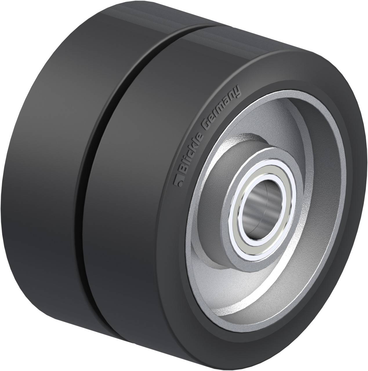 Eine schwarze Rolle mit silbernem Innenlager, geeignet für industrielle Anwendungen.