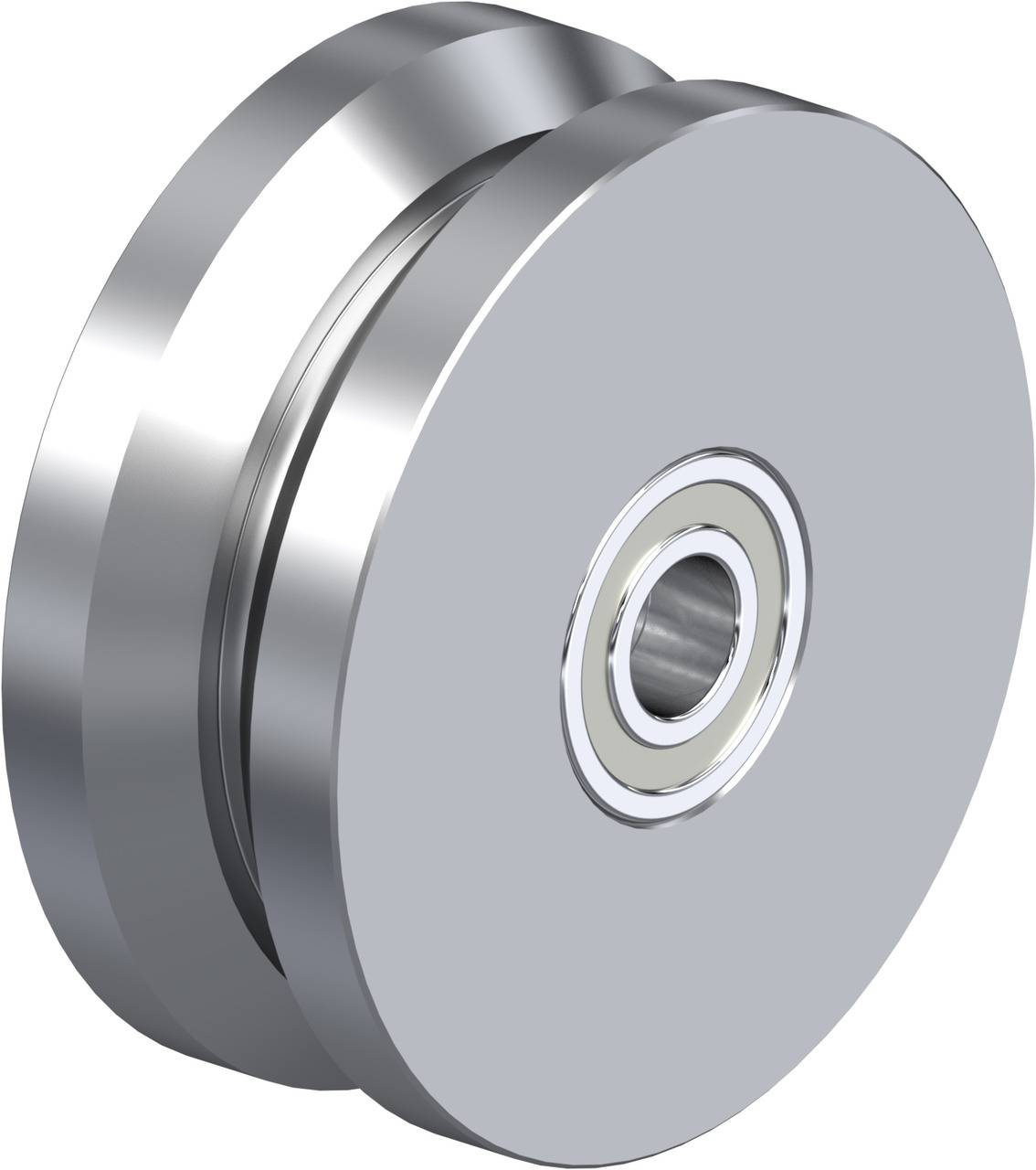 Eine silberne Metallrolle mit einem zentralen Kugellager, die für Maschinen oder Transportmechanismen verwendet wird.