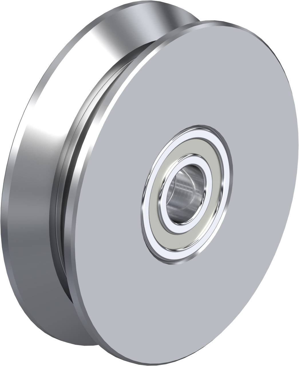 Graues Metallrad mit eingebautem Kugellager, Darstellung der Seitenansicht.