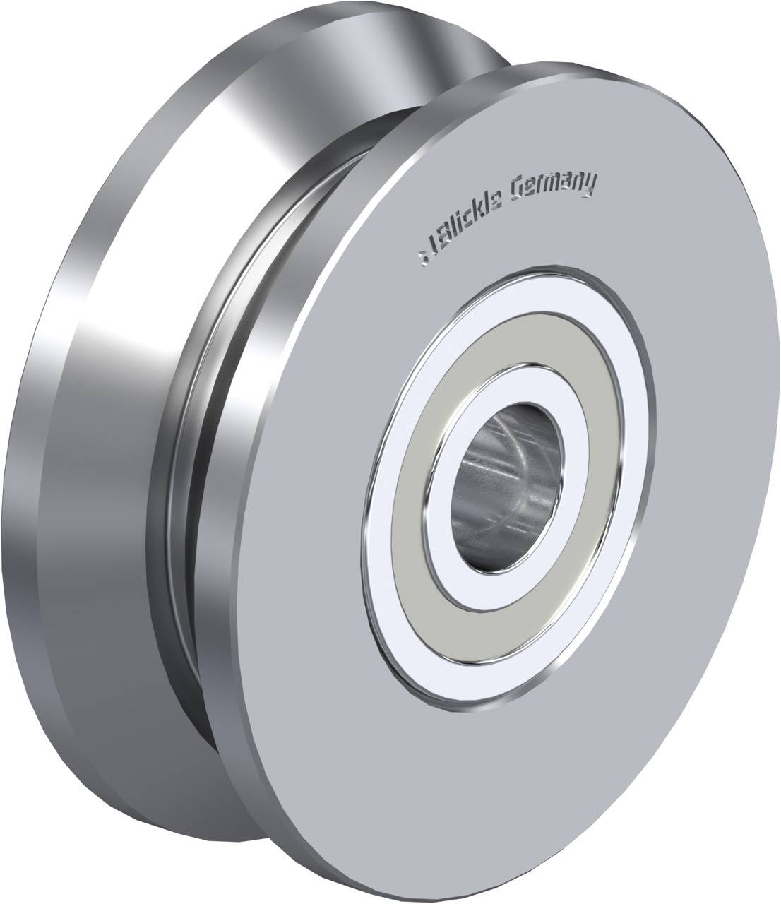 Metallische Rolle mit Kugellager und silberner Oberfläche. Text 'Germany' eingraviert. Geeignet für industrielle Anwendungen.