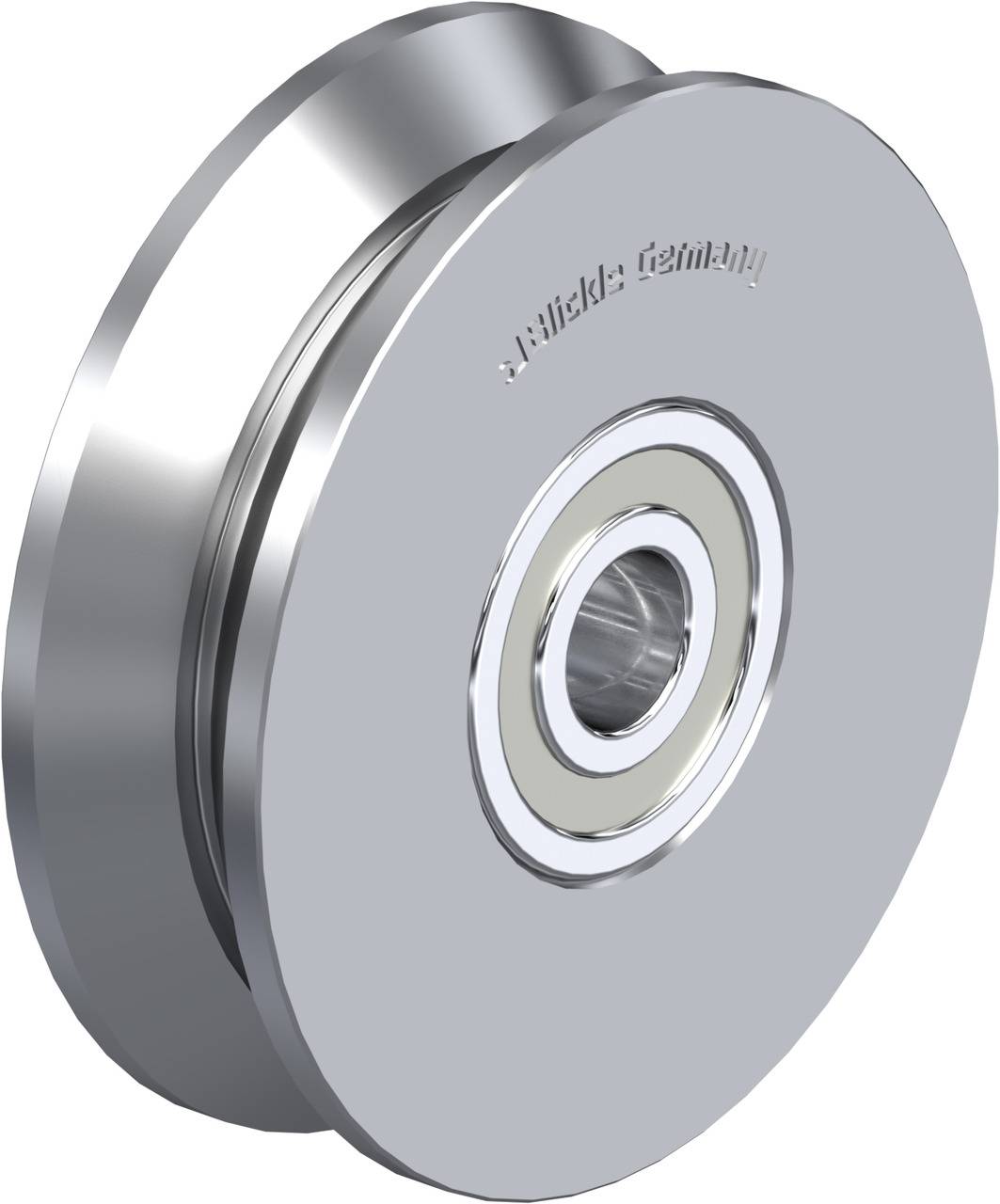 Ein silbernes Metallrad mit Kugellager in der Mitte. Auf dem Rand steht 'X-Slide Germany'.