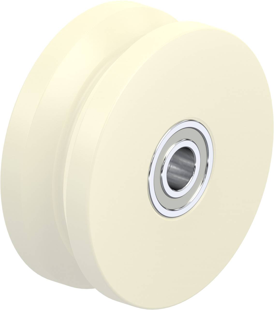 Cremefarbige, runde Plastikrolle mit integriertem Kugellager in der Mitte, geeignet für Türschiebesysteme oder ähnliche Anwendungen.