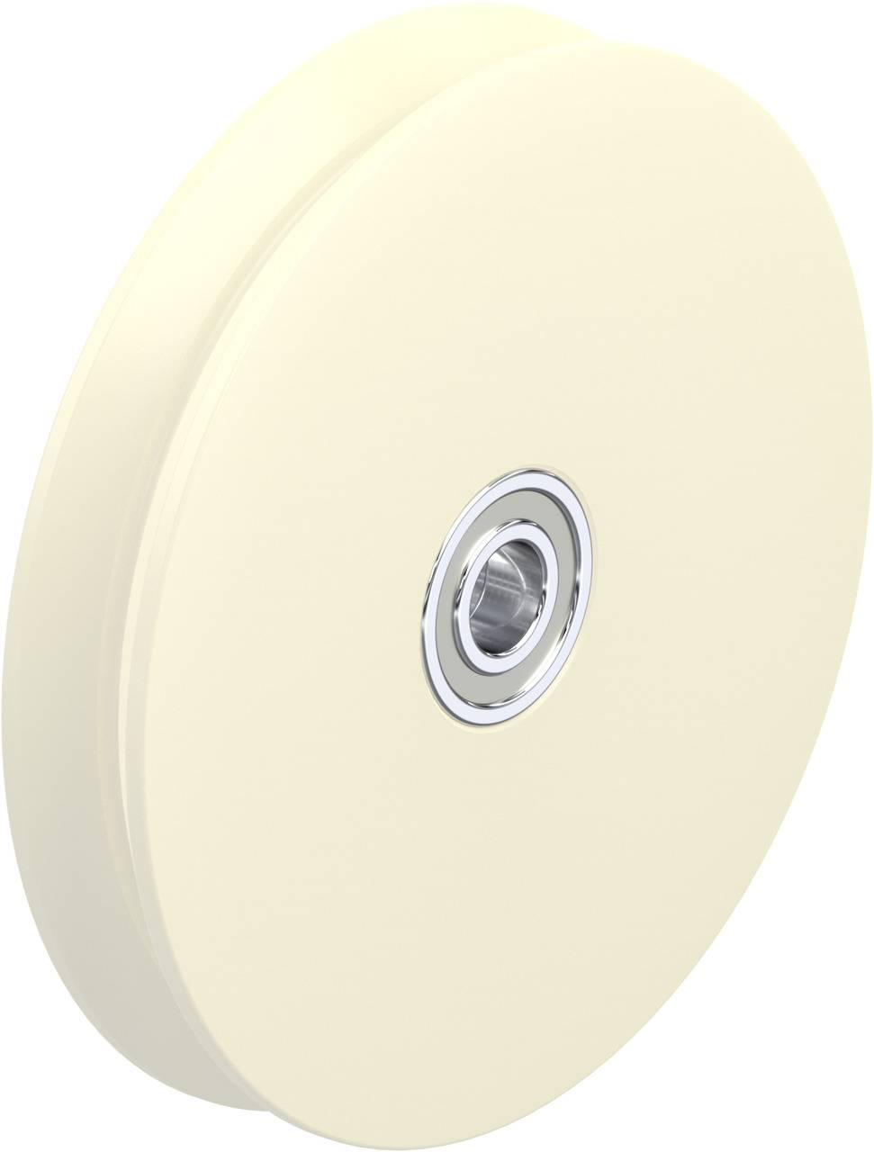 Beige Kunststoffrolle mit zentralem Metalllager, seitlicher Nut.