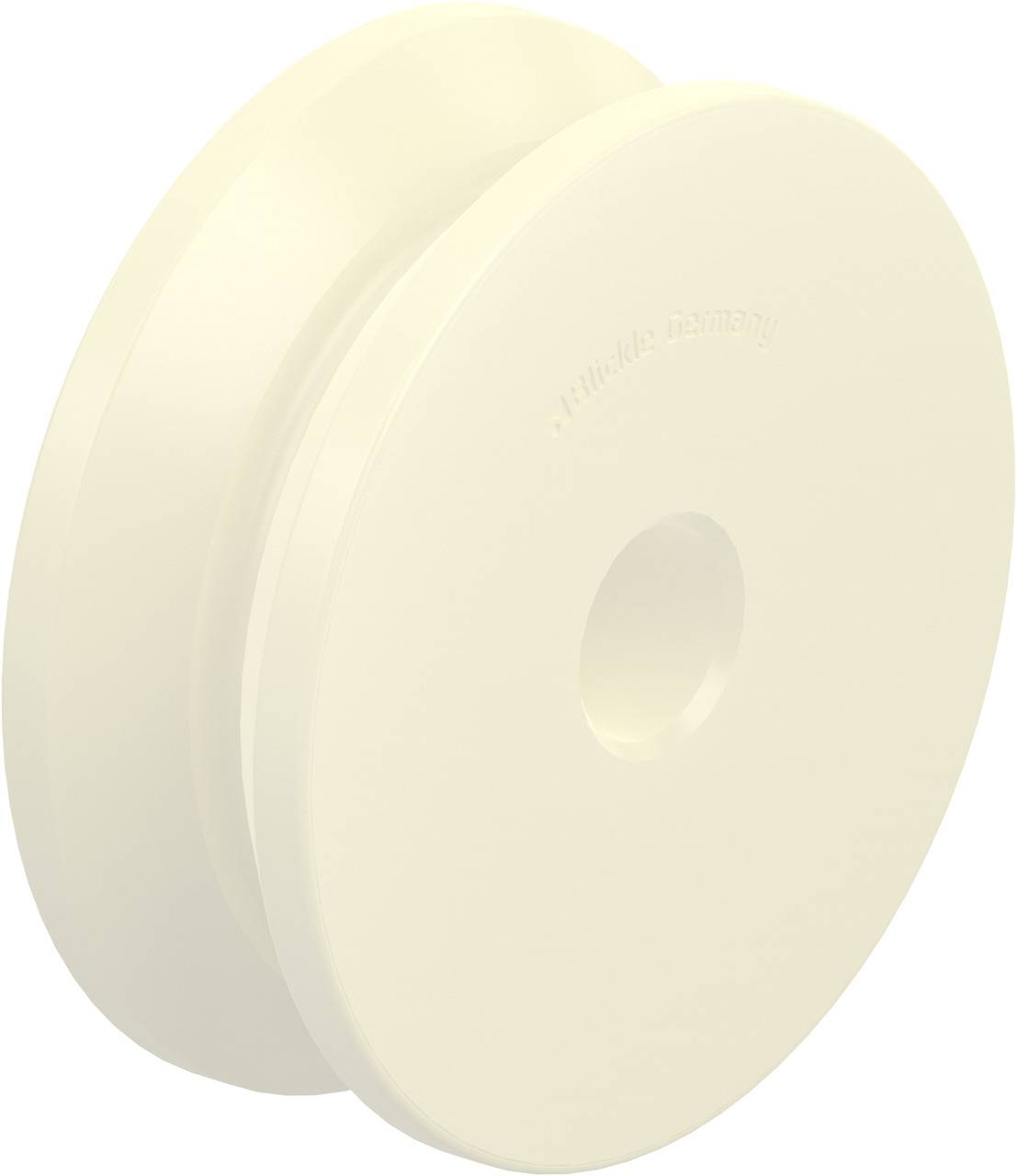 Eine beige, runde Plastikspule mit einem Loch in der Mitte, vermutlich für Faden oder Band, auf weißem Hintergrund.