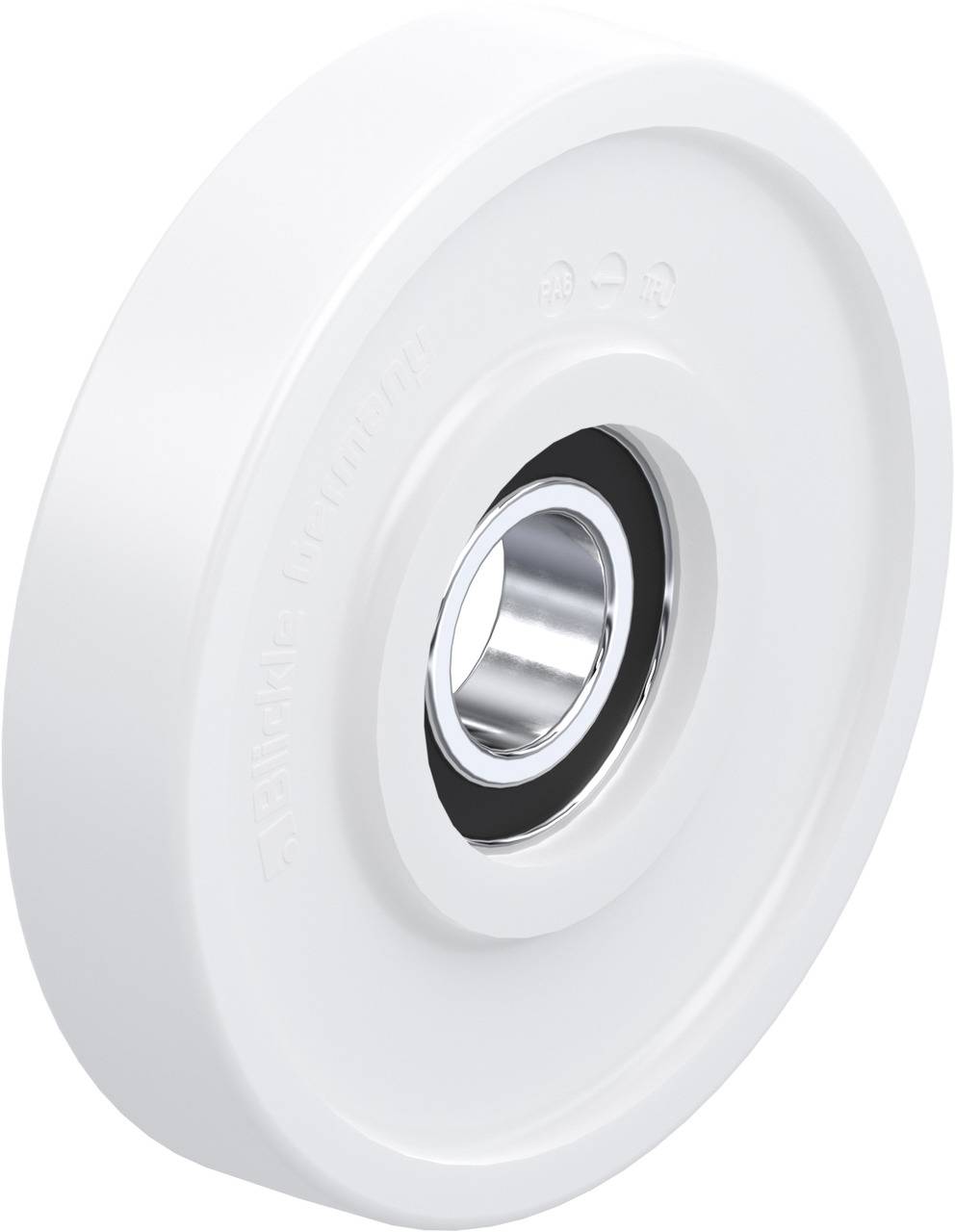 Weißes Kunststoffrad mit Metalllager, geeignet für Möbel oder leichte Geräte.