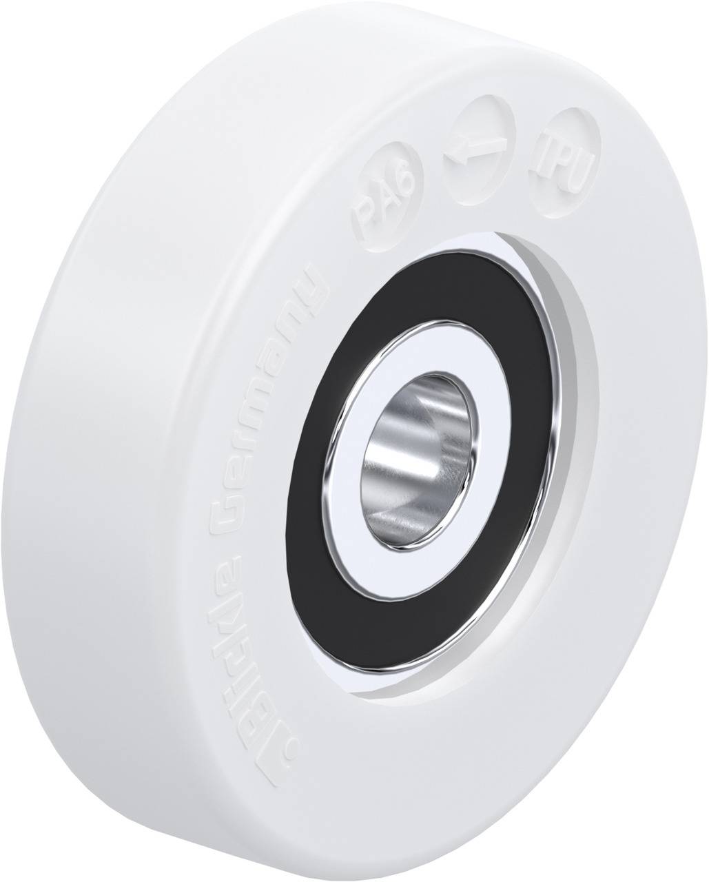 Ein weißes Kunststoffrad mit einem Kugellager in der Mitte. Auf der Oberfläche stehen die Zeichen 'PA6' und 'TPU'.