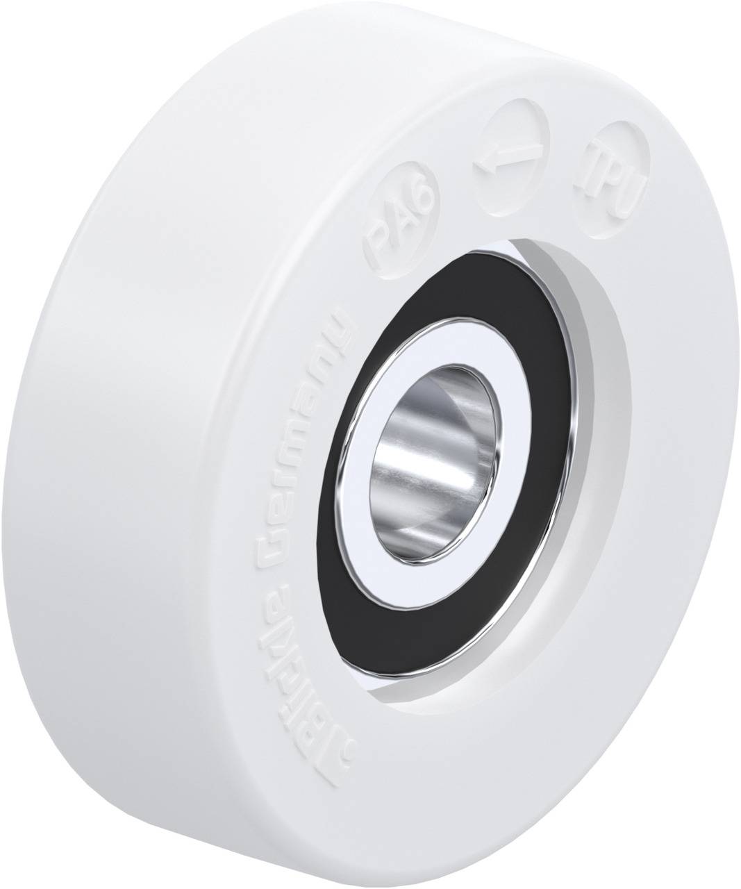 Weiße Rolle mit eingebautem Kugellager, Aufschrift 'PA6' und 'TPU' erkennbar.