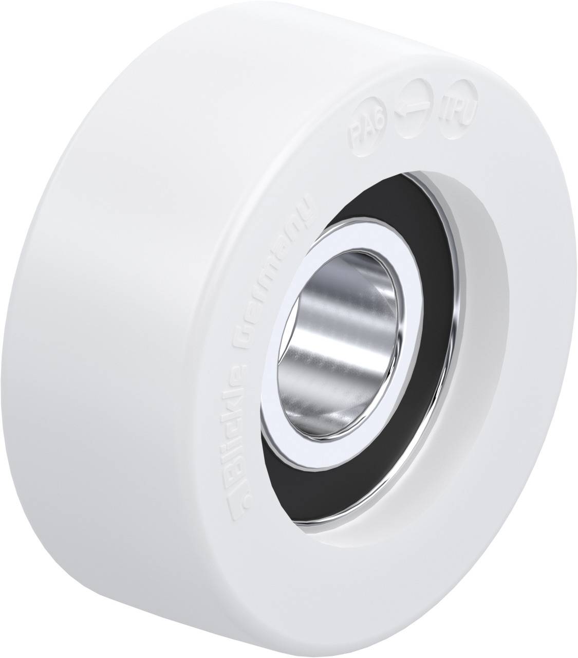 Ein weißes Skateboard-Rad mit silbernem Kugellager in der Mitte. Das Rad hat ein minimalistisches Design und scheint stabil gebaut zu sein.