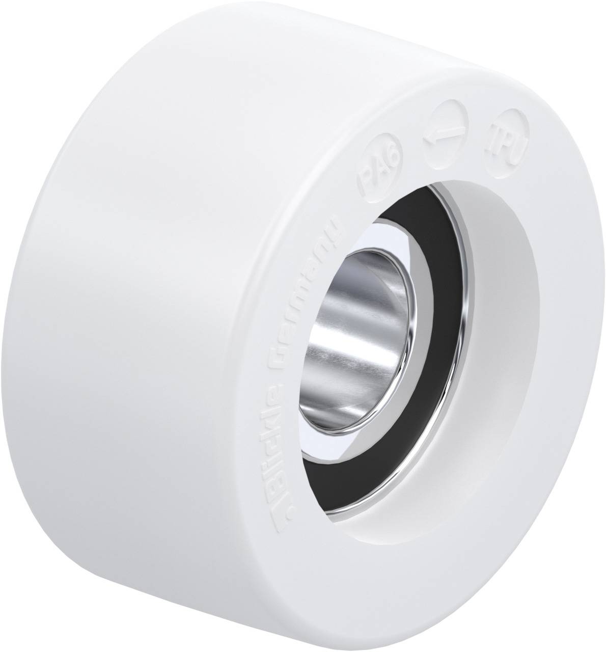 Ein weißes Rad mit einem glänzenden Metallkern, geeignet für Möbel oder kleineren Maschineneinsatz im Innenbereich.