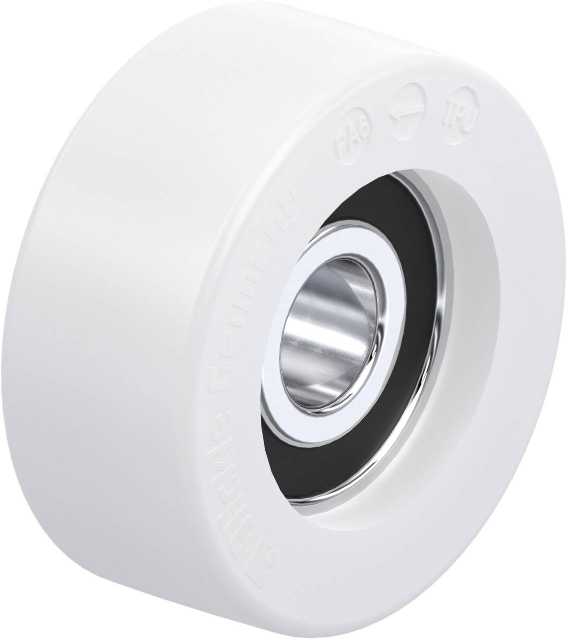 Weißes Kunststoffrad mit metallischem Kugellager in der Mitte. Die Prägung auf der Oberfläche beinhaltet die Buchstaben 'PA6' und 'PU'.