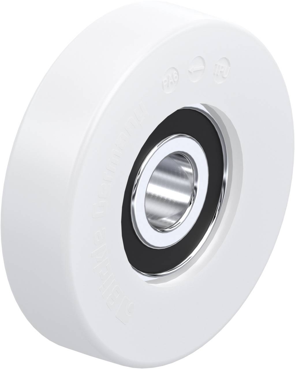 Ein weißes Kugellager mit einer zentralen Metallöffnung, umgeben von einem schwarzen Ring. Markenname 'Kugellager' eingraviert.