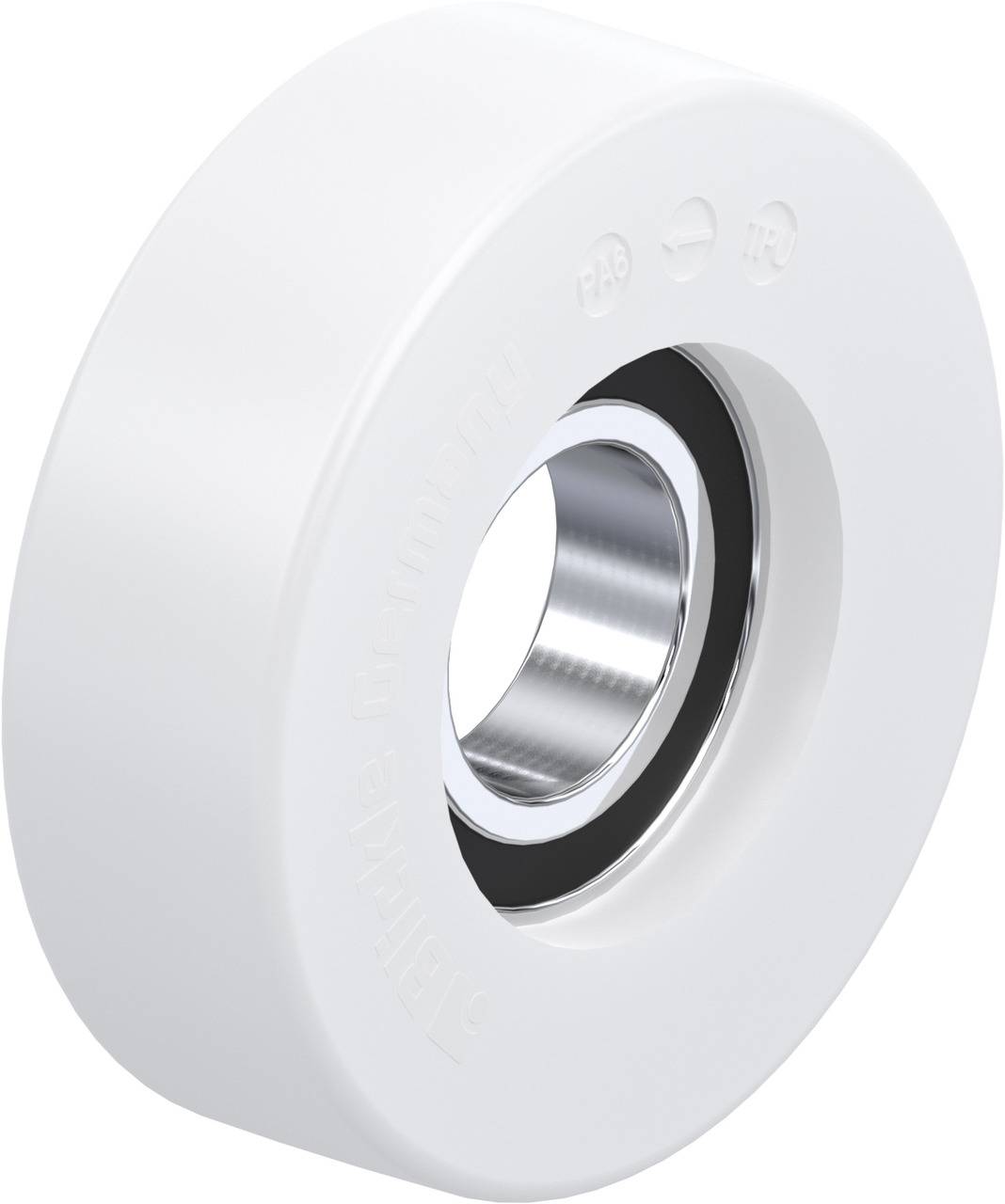 Weißes, rundes Kunststoffrad mit glänzendem, metallischem Kugellager in der Mitte.