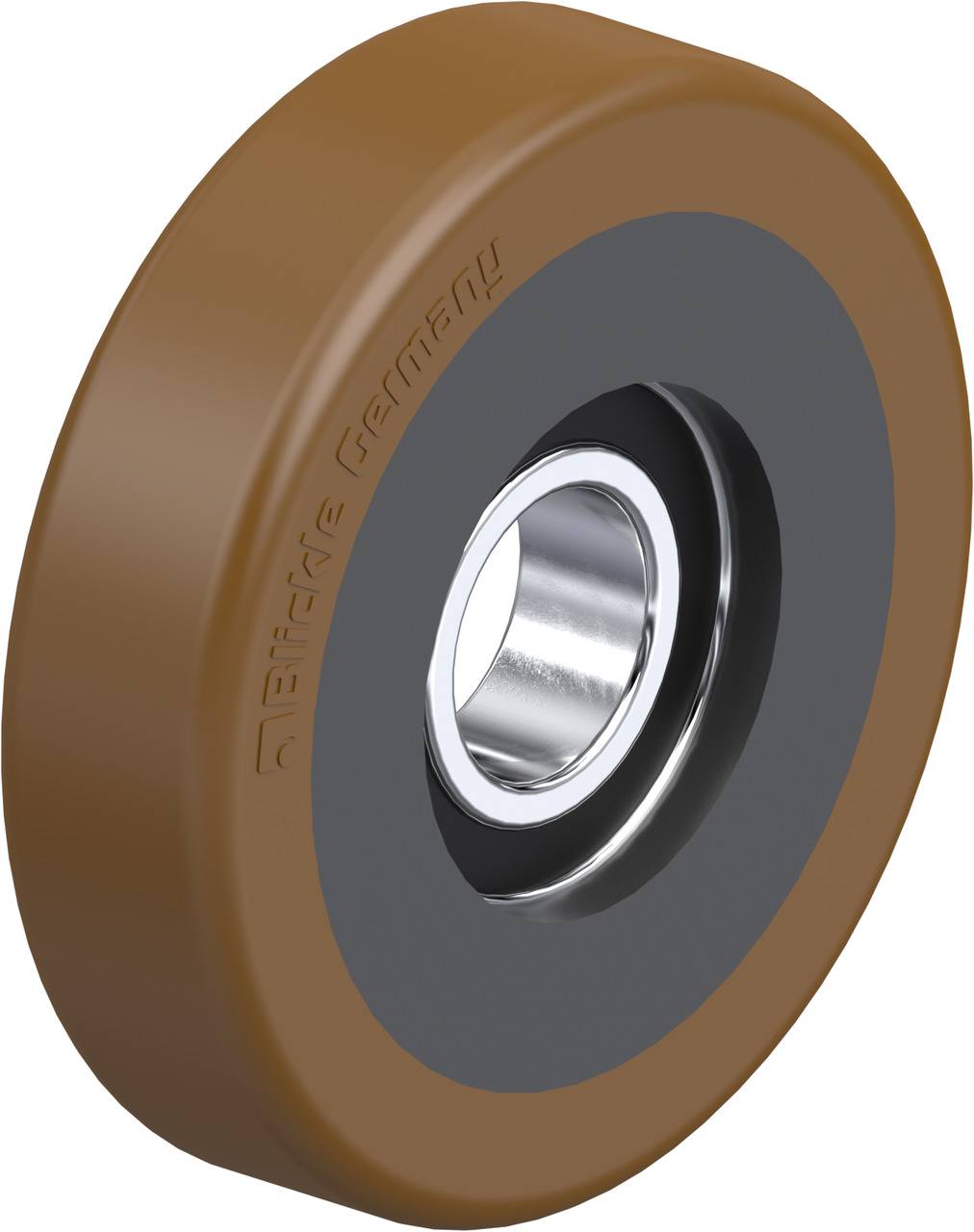 Ein einzelnes Rad mit brauner, glatter Oberfläche und silbernem Metallkern.
