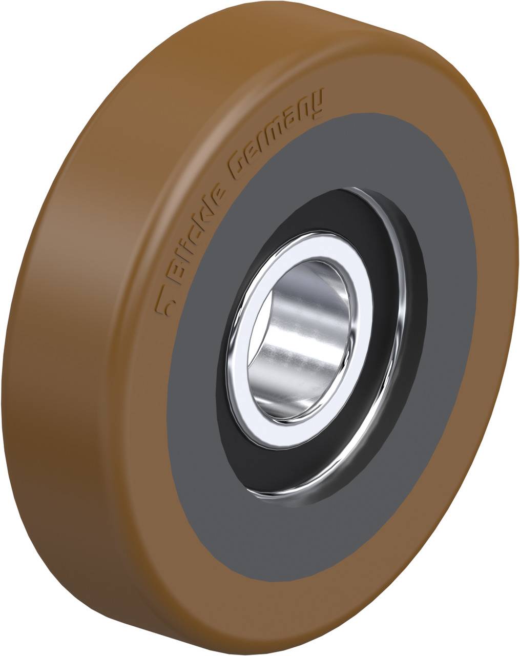 'Ein braunes Rad aus Kunststoff mit einem Metallkern und Lager, geeignet für Transportgeräte. Aufschrift: 'Blickle Germany'.'