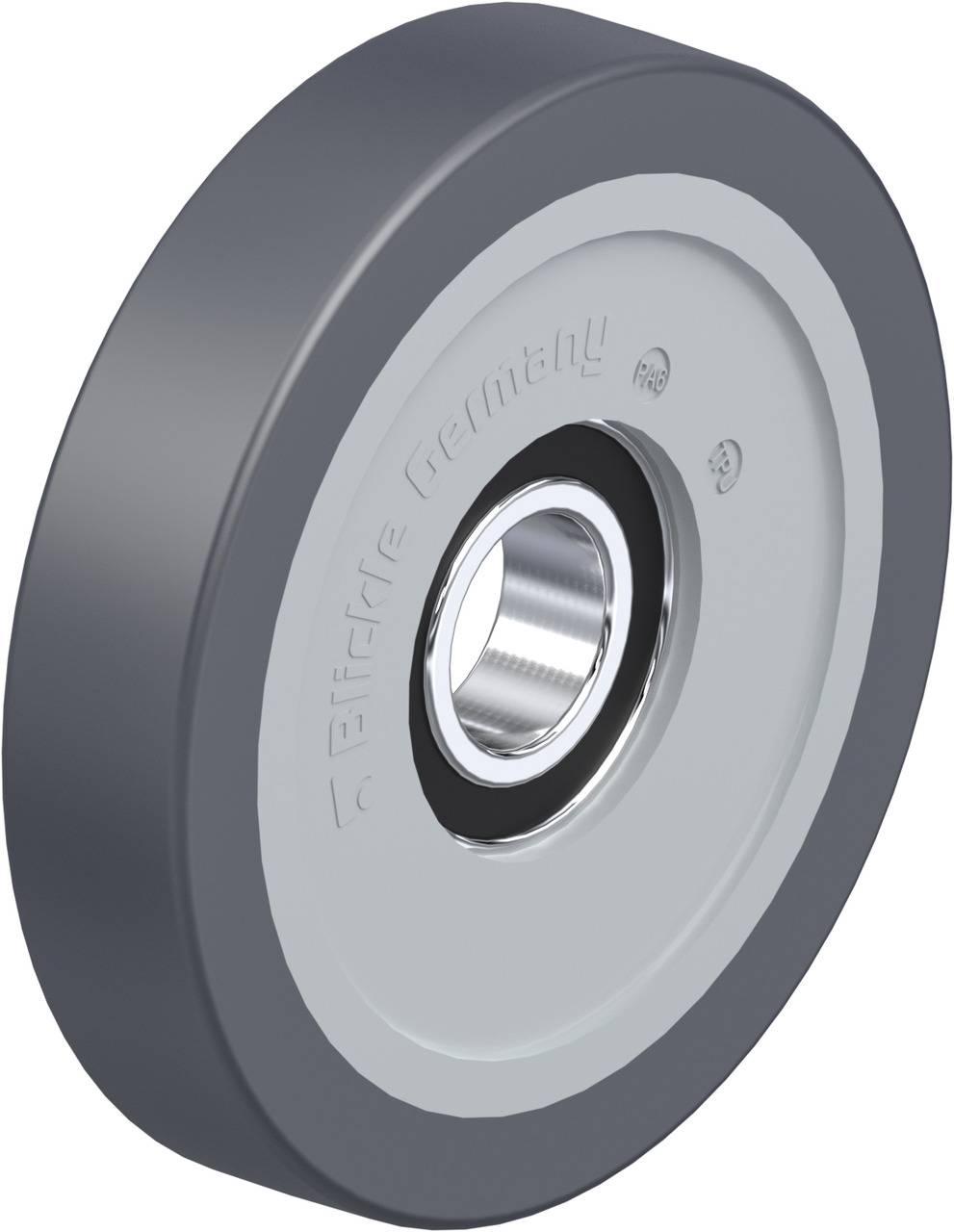 Industrie-Rad mit grauem Gummi, silbernem Metallkern und Kugellager, geeignet für Maschinen oder Transportgeräte.