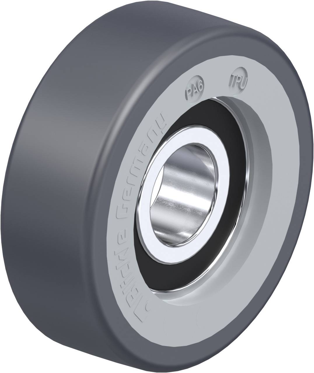 'Graues Rad' mit 'IPU' und 'PA6' Markierungen, silberne Metallmitte; geeignet für technische Anwendungen oder Maschinenbau.