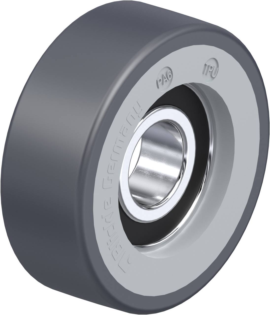 Graues Rad mit zentralem Metalllager. Aufschrift 'PA6' und 'TPU', sowie 'Germany'. Geeignet für Rollanwendungen und präzise Bewegungen.