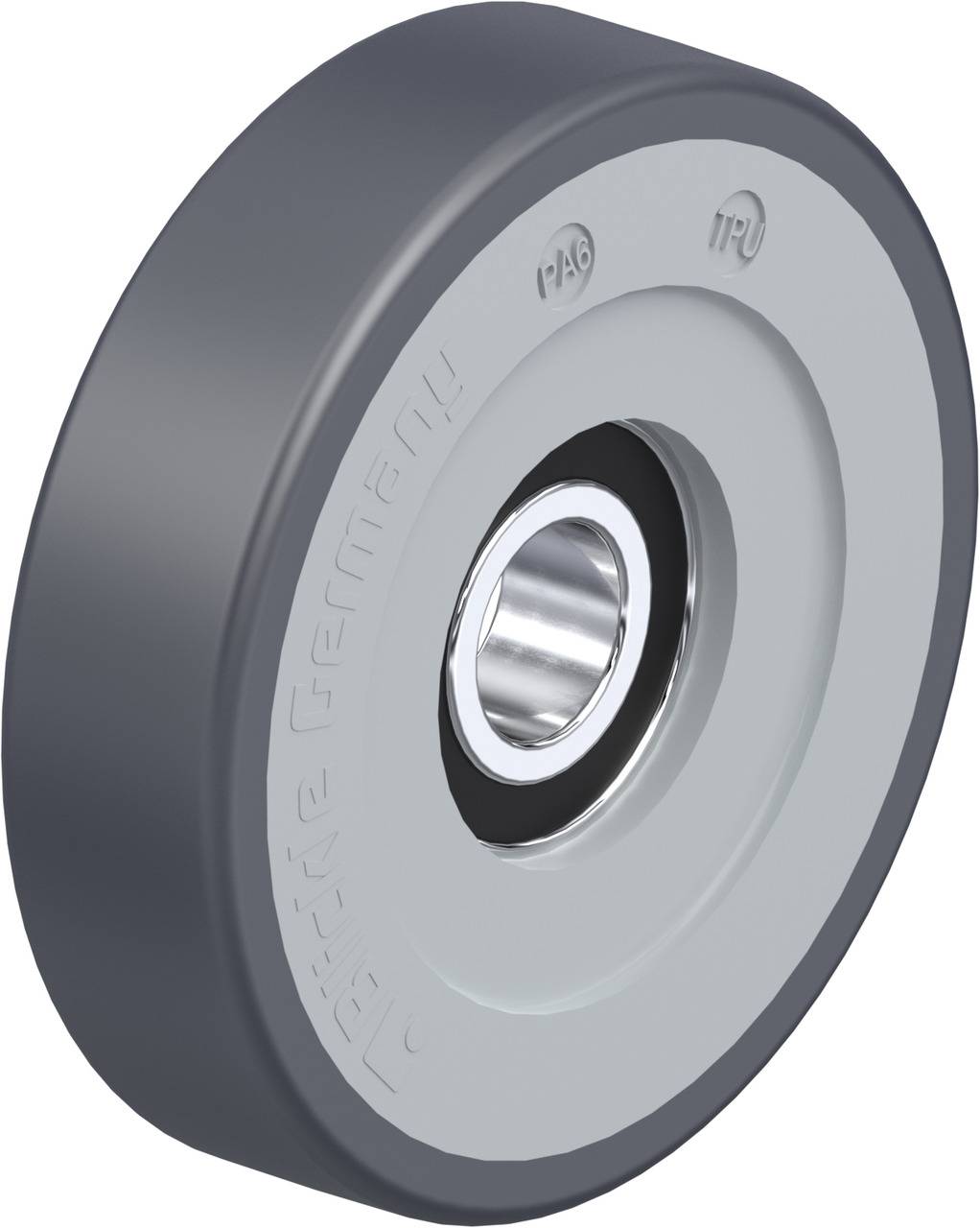 Industriegraues Rad mit Kugellager für Transportgeräte. Seitlich ist 'TENTE Germany' eingeprägt.