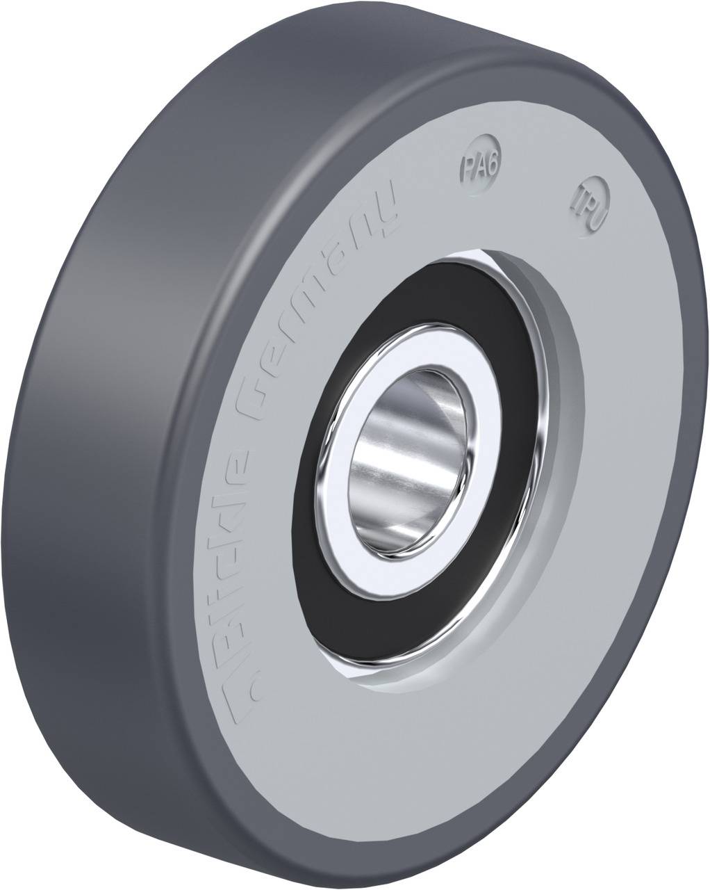 Graues Kugellager mit glänzender, metallischer Innenfläche, Seitenaufschrift 'PA6' und 'PU', geeignet für industrielle Anwendungen.