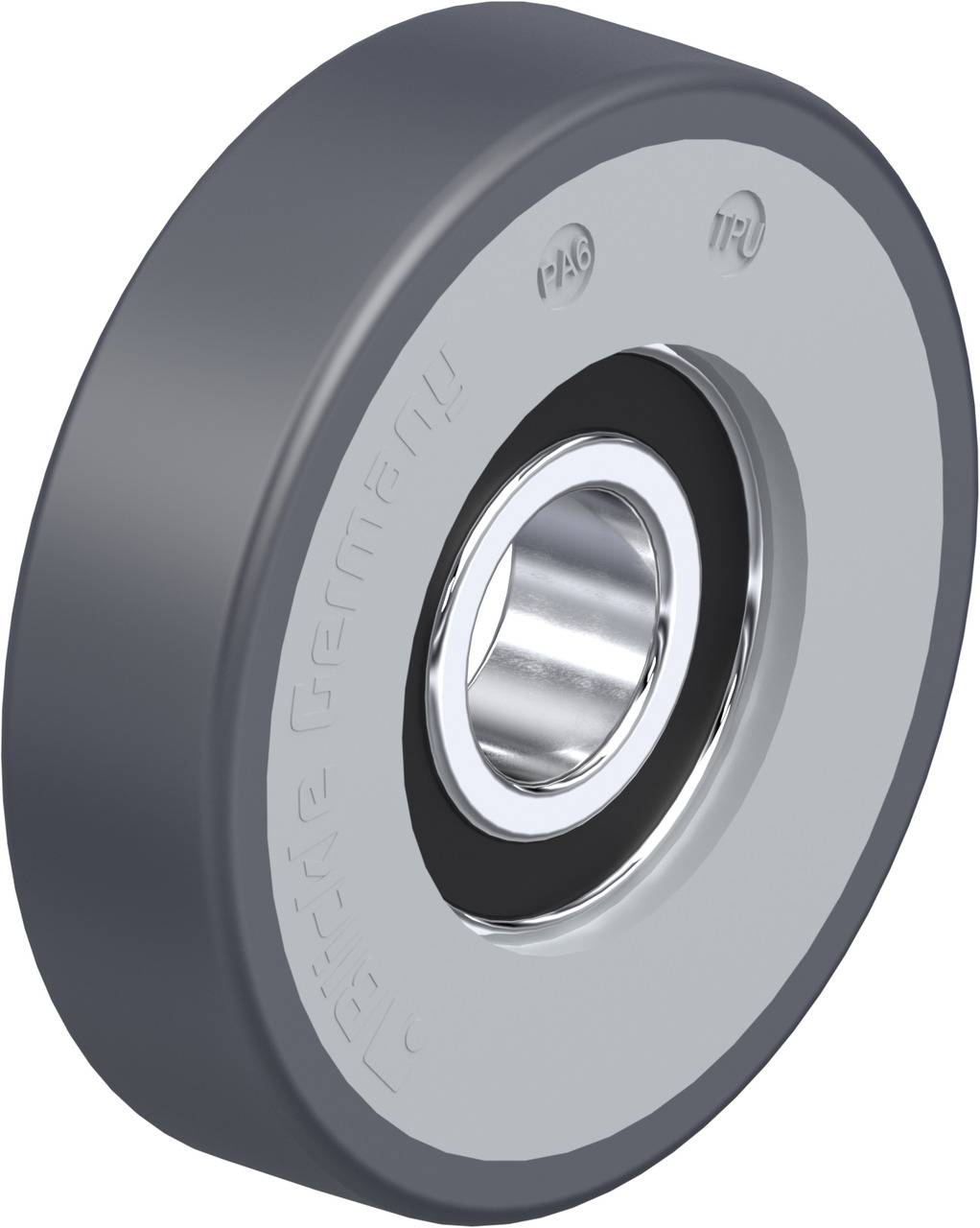 Grauer Kunststoffrollenlager mit Metallkern, geprägt 'Made in Germany', seitliche Ansicht. Geeignet für Maschinen- oder Möbelanwendungen.