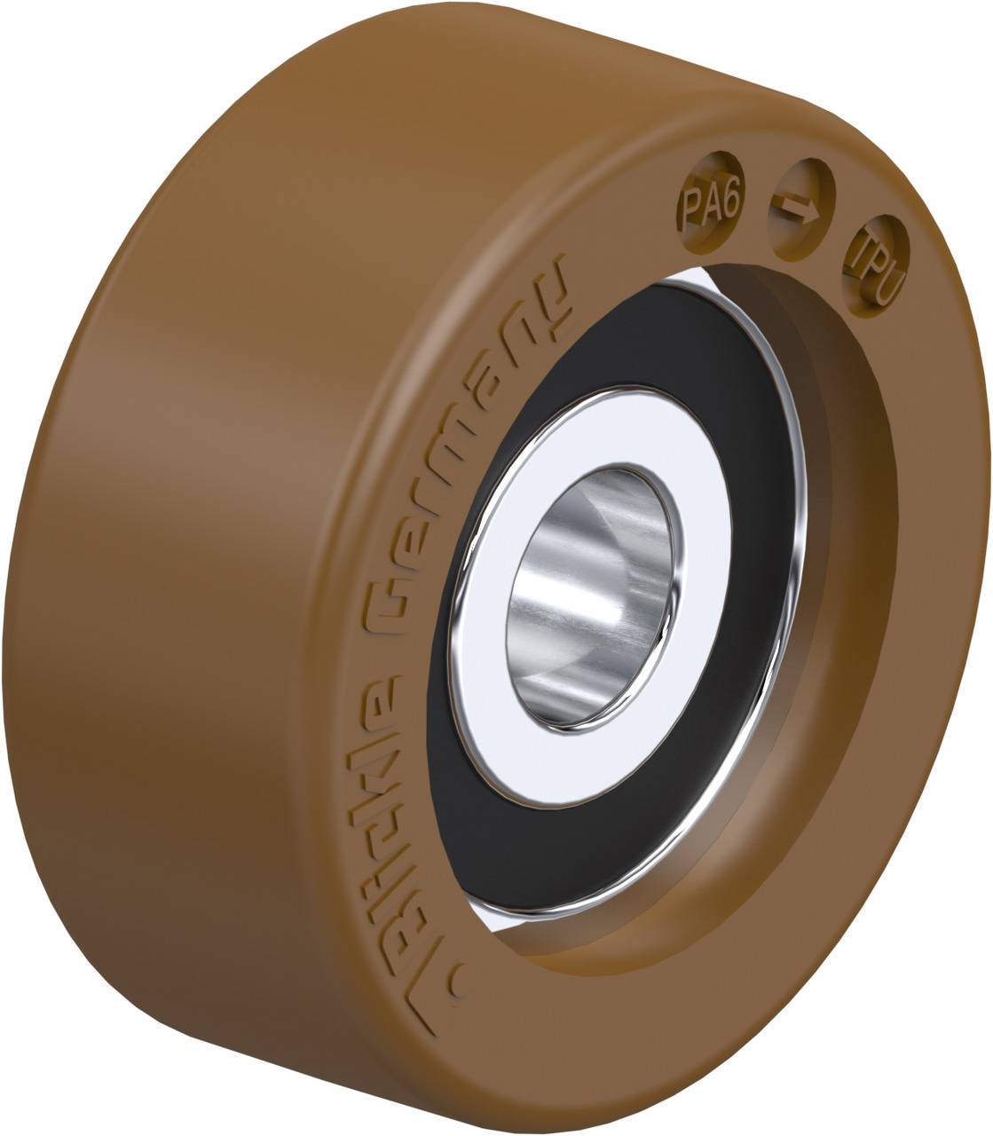 Braunes Rad mit silbernem Lager, Aufschrift 'Blickle Germany', Materialhinweise 'PA6' und 'TPU'.