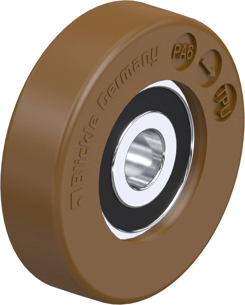 'Braunes Kunststoffrad mit Metallkern, Aufschrift 